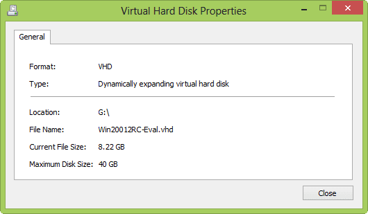 Windows 8 Hyper-V hard disk properties