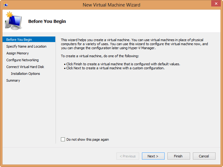 Windows 8 Hyper-V virtual machine wizard
