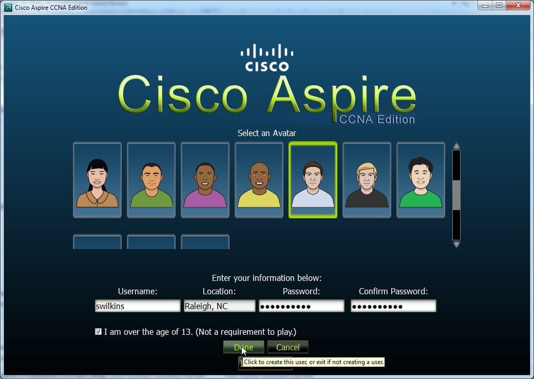 Cisco Aspire User Creation Screen