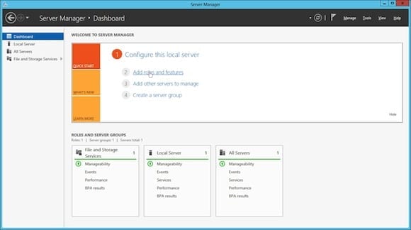 Install the DNS Server Role in Windows Server 2012: server manager dashboard