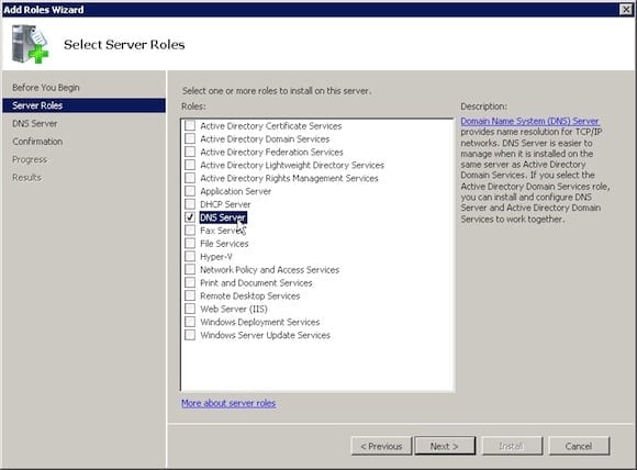 install dns server role: add roles wizard