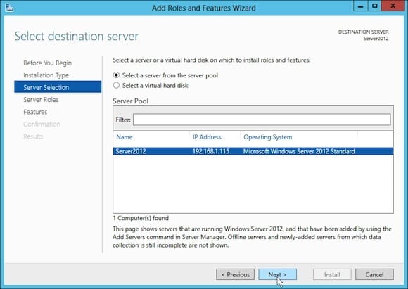 Install the DNS Server Role in Windows Server 2012: server manager destination