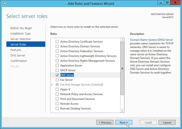 Install the DNS Server Role in Windows Server 2012: select role