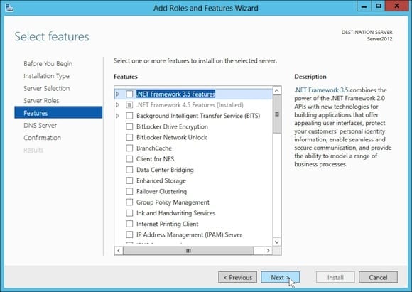 Install the DNS Server Role in Windows Server 2012: select features