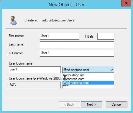 Choose a UPN when configuring an new user in Active Directory