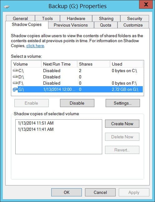 Enable shadow copies in Windows Server 2012 R2