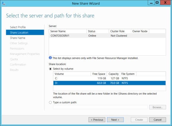 Create a new file share using Server Manager