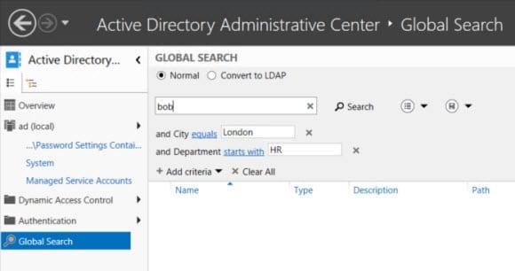 Global Search in the Active Directory Administrative Center