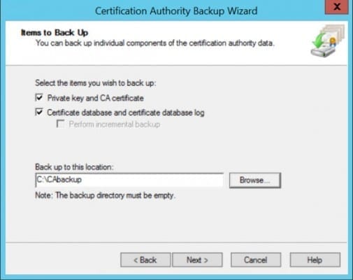 Back up a CA database, logs, private key and certificate