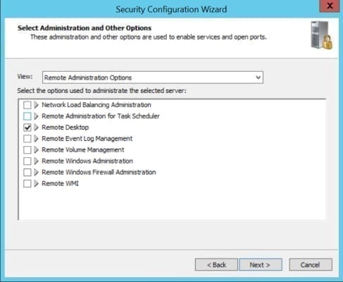 Select Administration and Other Options in the Security Configuration Wizard