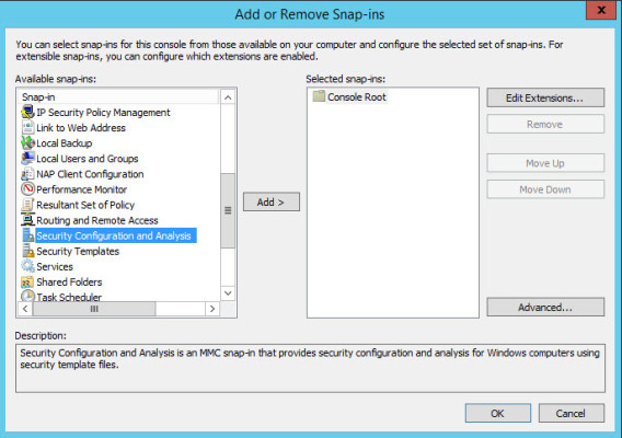 Add the windows server 2012 security configuration and analysis tool