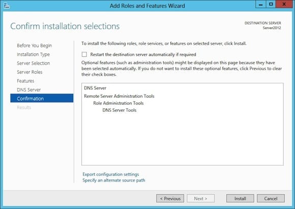 Install DNS Server Role Windows Server 2012: confirmation