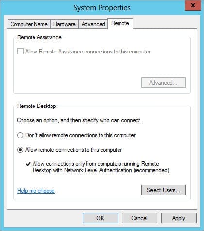 Enable Remote Desktop on Windows Server 2012