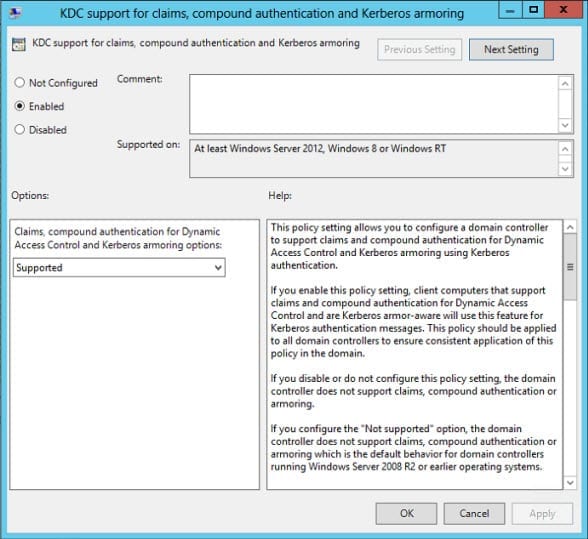 Dynamic Access Control: enable Kerberos support for claims in Windows Server 2012