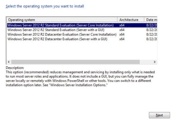 install Windows Server 2012 R2: choose edition