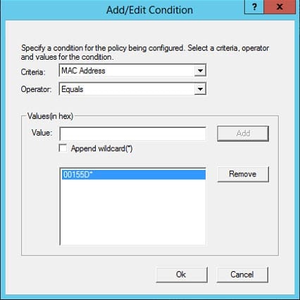 Create DHCP policy in Windows Server 2012: add condition