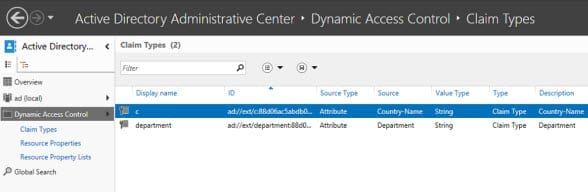 Dynamic Access Control (DAC): Claim types in the Active Directory Administrative Center
