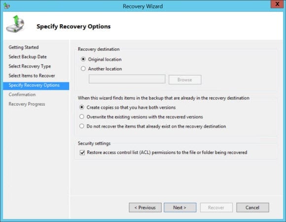 Recover a File or Folder in Windows Server 2012 R2: recovery options