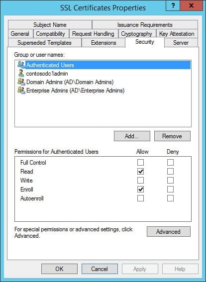 Configure permissions for the certificate template