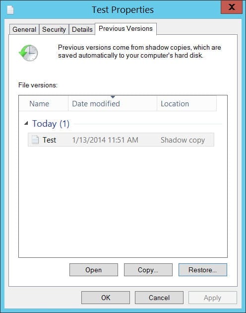 Enable shadow copies in Windows Server 2012 R2 restore file