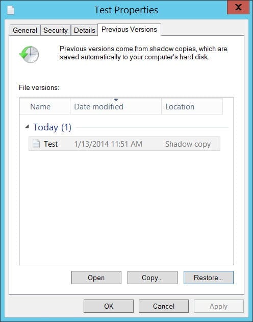 How to enable Shadow Copy on a shared folder in Windows Server 2012 R2