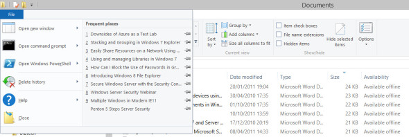 The File menu and list of frequently accessed files in File Explorer