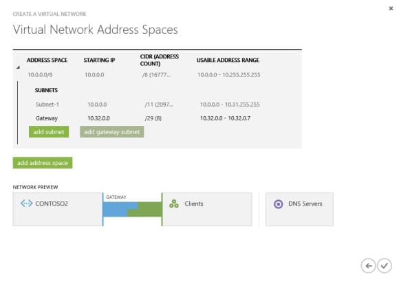 Set the address space for the Azure virtual network