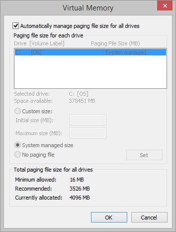 Disable page files on all drives
