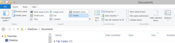 The View tab in Windows 8 File Explorer