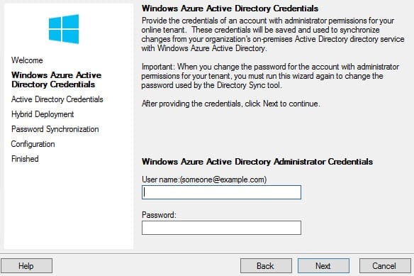 Sync Office 365 with Active Directory: credentials for Windows Azure Active Directory