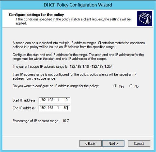 Create DHCP policy in Windows Server 2012: configuration wizard