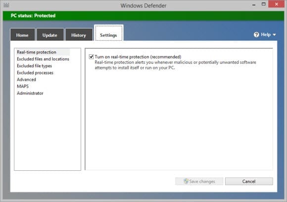 Turn off real-time scanning in Windows Defender