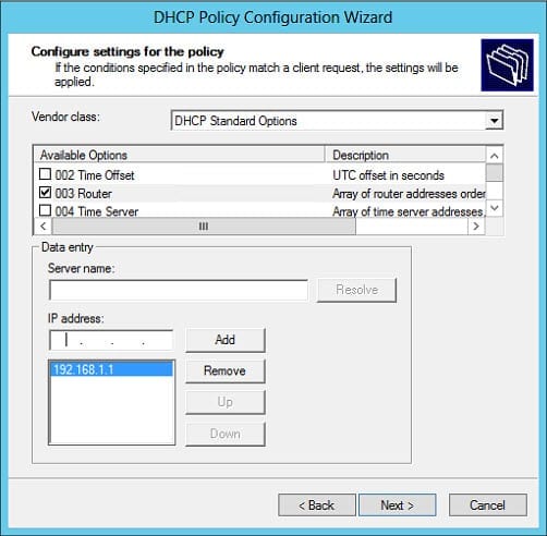 Create DHCP policy in Windows Server 2012: add options