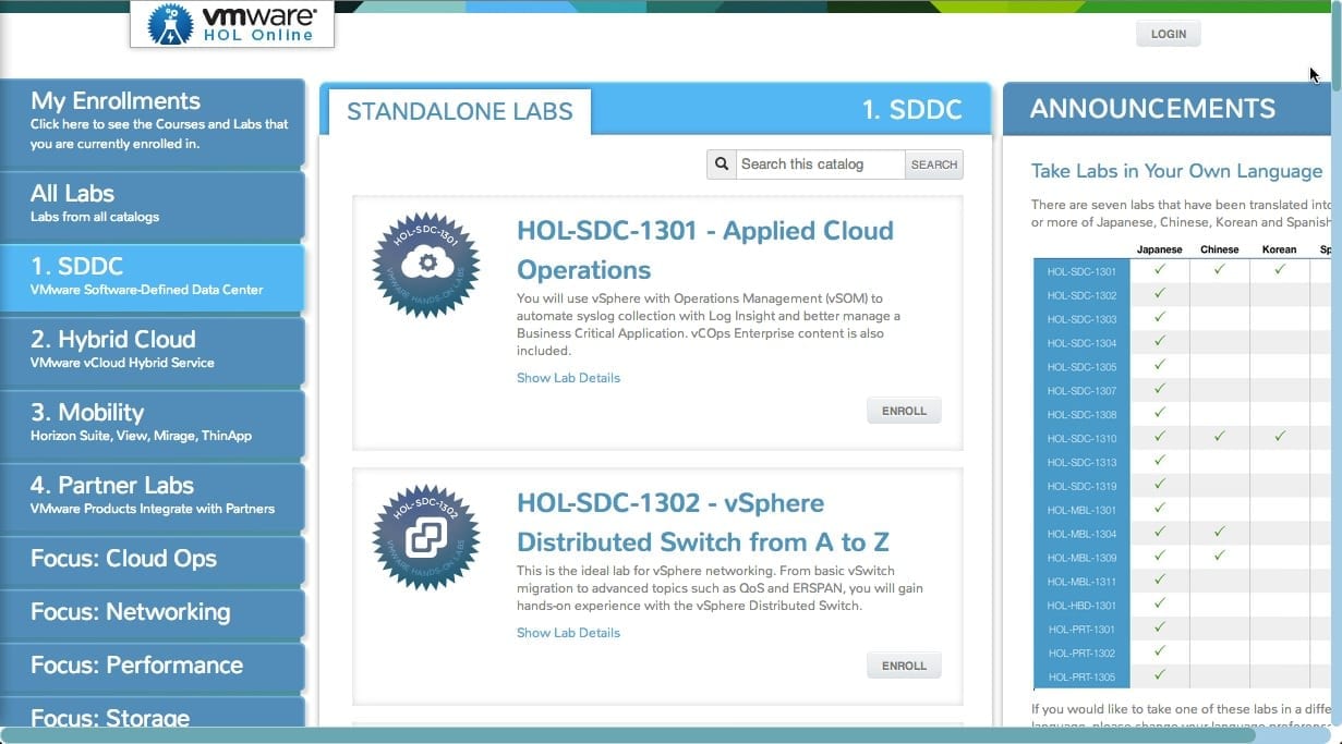 VMware Hands-on Labs Online dashboard