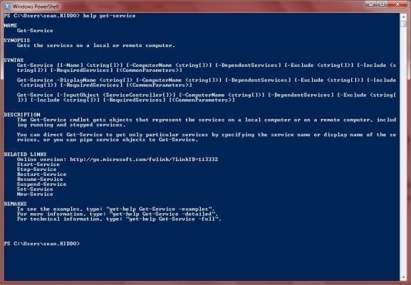 SQL Server PowerShell Cmdlets: help get-service