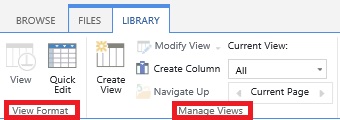 View Format and Manage Views tabs on the OneDrive for Business ribbon bar.