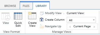 The View, Quick Edit, and Create View tabs on the OneDrive for Business ribbon bar.