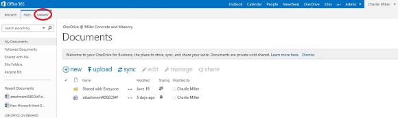 Accessing the Microsoft OneDrive library from Office 365.