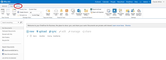 Viewing the Microsoft OneDrive Library ribbon bar from within Office 365.