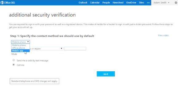 Office 365 multi-factor authentication options