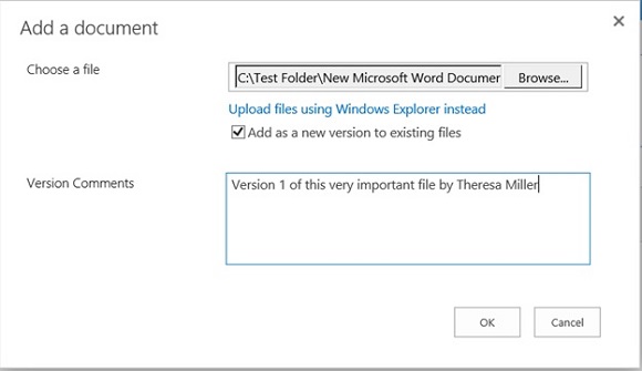 Adding version file comments with OneDrive for Business