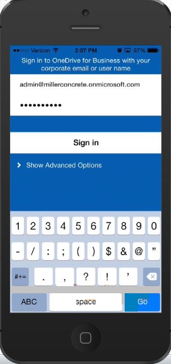 Signing into OneDrive for Business on iPhone