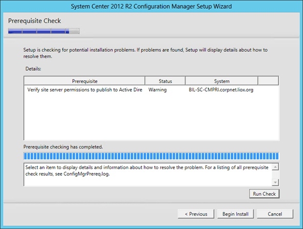 Upgrade to Configuration Manager 2012 R2 prerequisite check