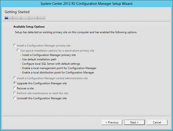 Upgrade to Configuration Manager 2012 R2 wizard