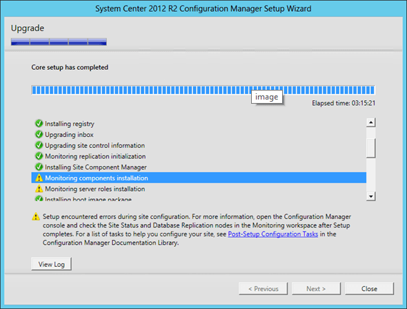 Upgrade to Configuration Manager 2012 R2 status screen