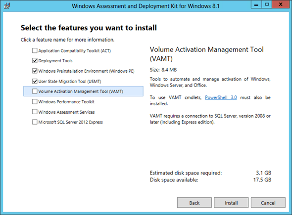 ADK 8.1 Installation Options for SCCM 2012 R2