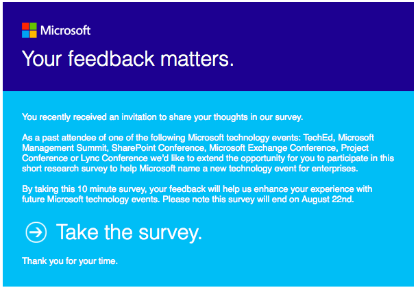 Microsoft technology event survey email