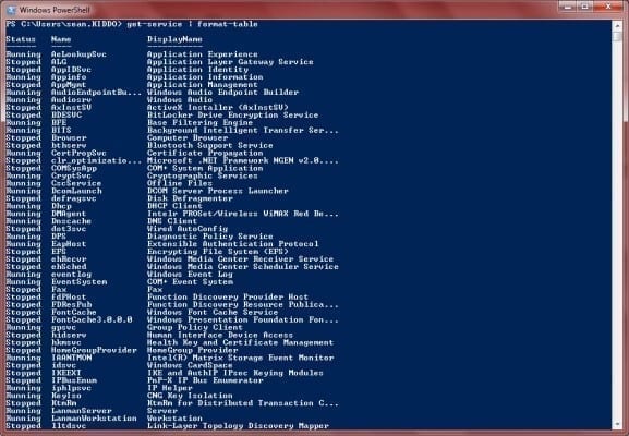 SQL Server PowerShell Cmdlets: get-service format-table