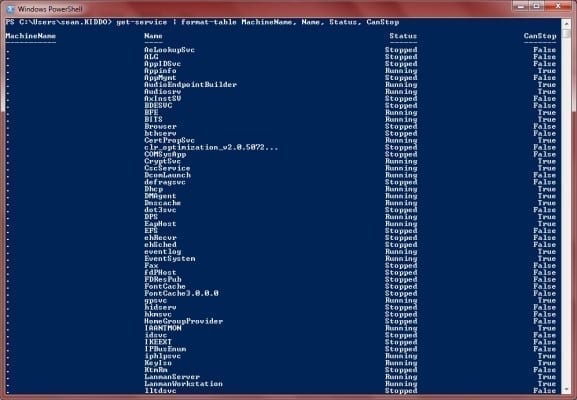 SQL Server PowerShell Cmdlets: get-service format-table