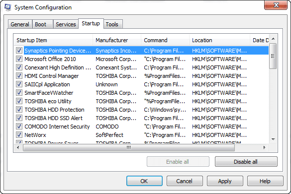System Configuration Startup Tab